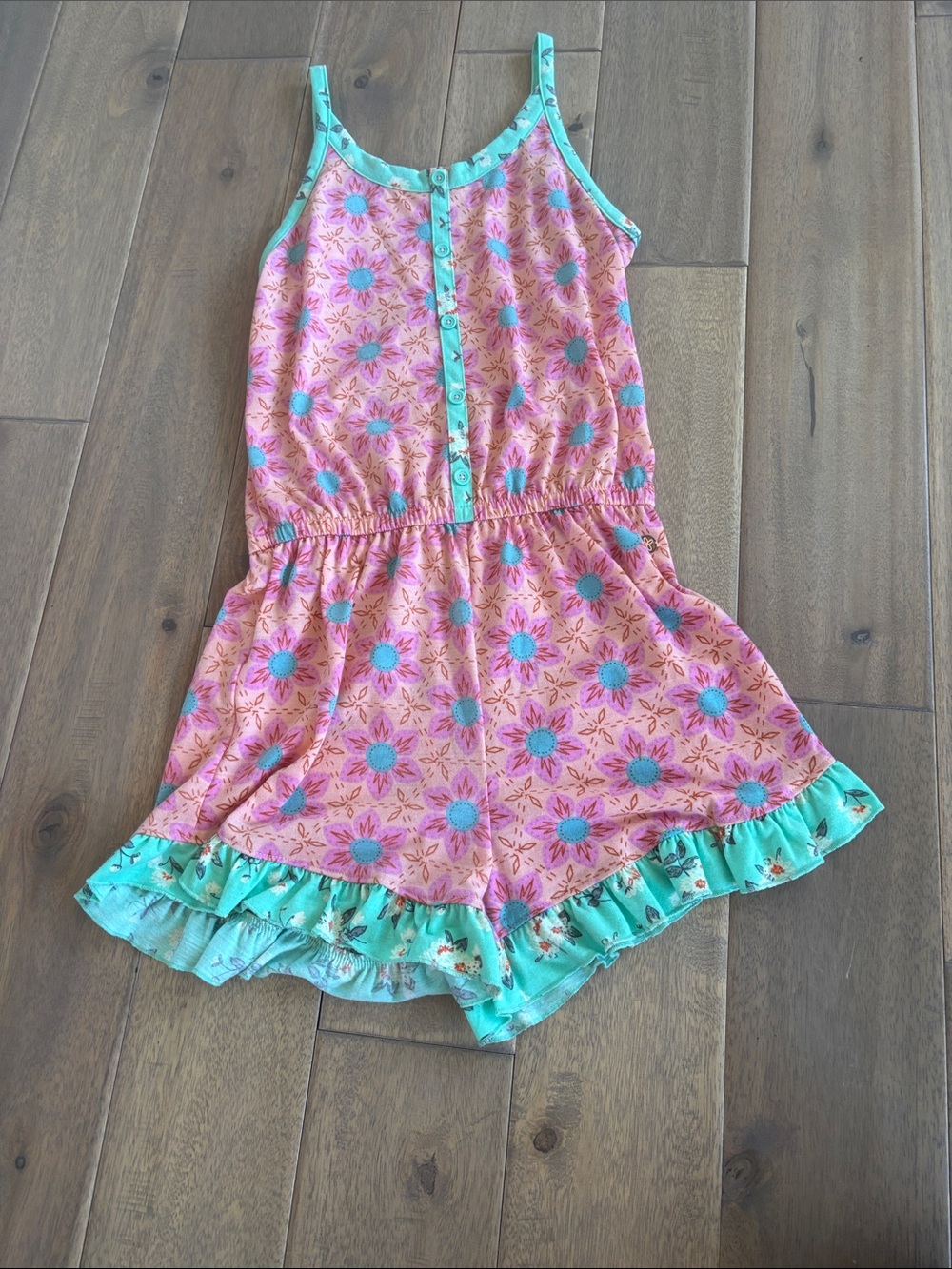 Matilda Jane Kids Pink Floral Romper with Teal Trim